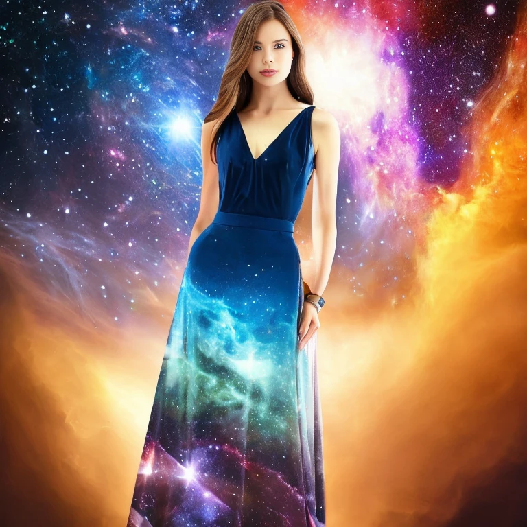 dblxp a full body portrait photo of a beautiful young woman made out of a galaxy, white background, proffessional fashion photography