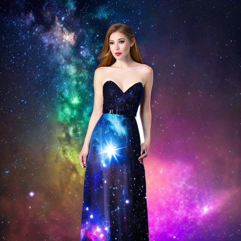 dblxp a full body portrait photo of a beautiful young woman made out of a galaxy, white background, proffessional fashion photography