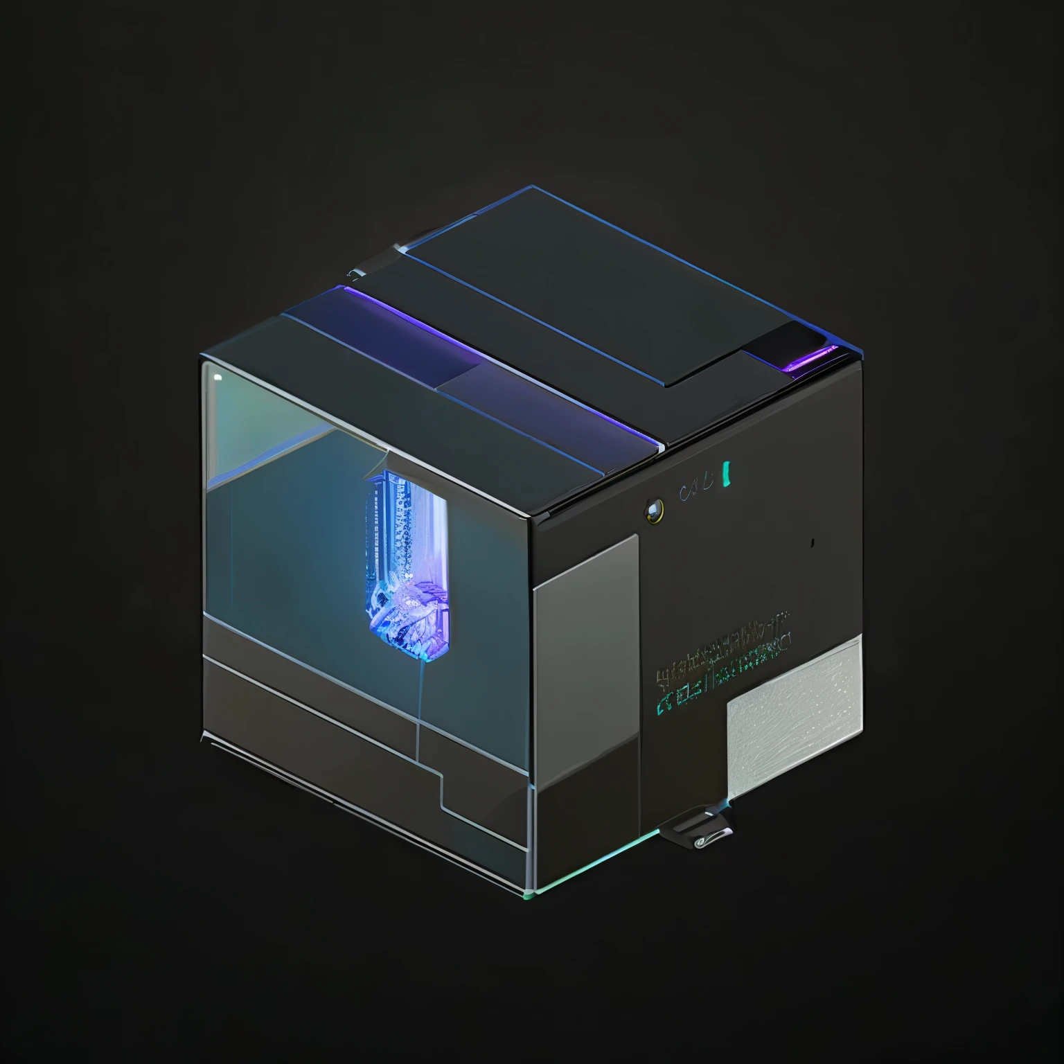 Close-up of a black box with a purple light inside, 超cube, Black 3D cuboid installation, by Lee Jeon Suk, 城市cube, Pre-rendered isometric graphics, isometric 8k, Optane Stream, Munik Prem, rectilinear vaporwave, cube, object concept art, vektroid album cover