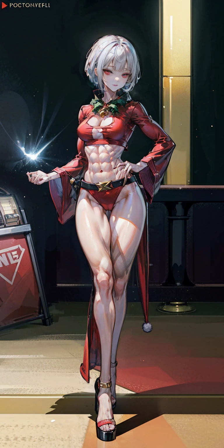 (((1 girl))), (Cassia Orsellio), (short white hair), (Red eyes), , (((wearing a sexy Santa suit))), (Full body view), (in the motel room), (((slender, muscular legs))), thin waist, Stomach Muscles, big ass, (((Full body photo))), black high heel shoes, (standing with one eye closed and showing her very sensual tongue), (((very sensual expression))), (HDR), eye reflection, extended eyes, extended eyes, moody, cheered up, minimalism, cheered up style, ray tracing, cinematic lighting, cinematic lighting, shine, shine, jpeg artifacts, bright light, rays of god, ray tracing, drop shadow, panorama, Sony FE, from behind, below, below, UHD, piece of teacher, necessary, necessary, anatomically correct, super detail, high quality , Best Quality , very high, 16k