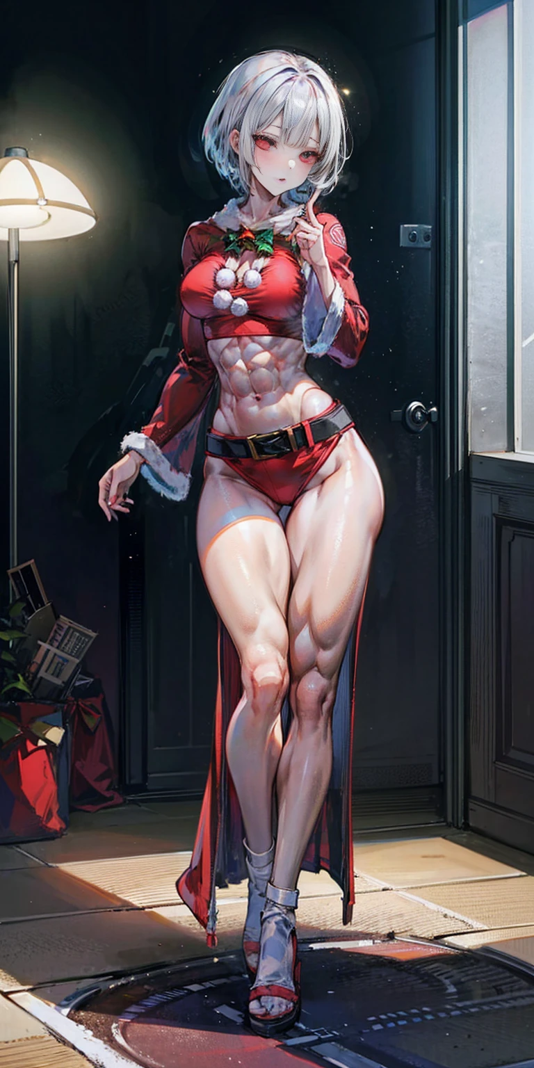 (((1 girl))), (Cassia Orsellio), (short white hair), (Red eyes), , (((wearing a sexy Santa suit))), (Full body view), (in the motel room), (((slender, muscular legs))), thin waist, Stomach Muscles, big ass, (((Full body photo))), black high heel shoes, (standing with one eye closed and showing her very sensual tongue), (((very sensual expression))), (HDR), eye reflection, extended eyes, extended eyes, moody, cheered up, minimalism, cheered up style, ray tracing, cinematic lighting, cinematic lighting, shine, shine, jpeg artifacts, bright light, rays of god, ray tracing, drop shadow, panorama, Sony FE, from behind, below, below, UHD, piece of teacher, necessary, necessary, anatomically correct, super detail, high quality , Best Quality , very high, 16k