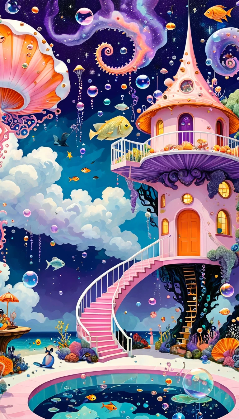 "Dick Ellescas Artist Style",3D transparent conch swimming pool in the sky,沐浴的章fish,Platform、Swimming ring、Starry Sky、cloud,fish、Tentacles、bird、Eye、Soap bubbles,diatom,Spiral Staircase,People silhouette、Stitching together an abstract painting,Describing the inner world of autistic people,Sense of space,White Space,interesting,Innocence,Psychedelic Art,Dense pointillism,Pink theme,Bold contrasts,Purple and Orange