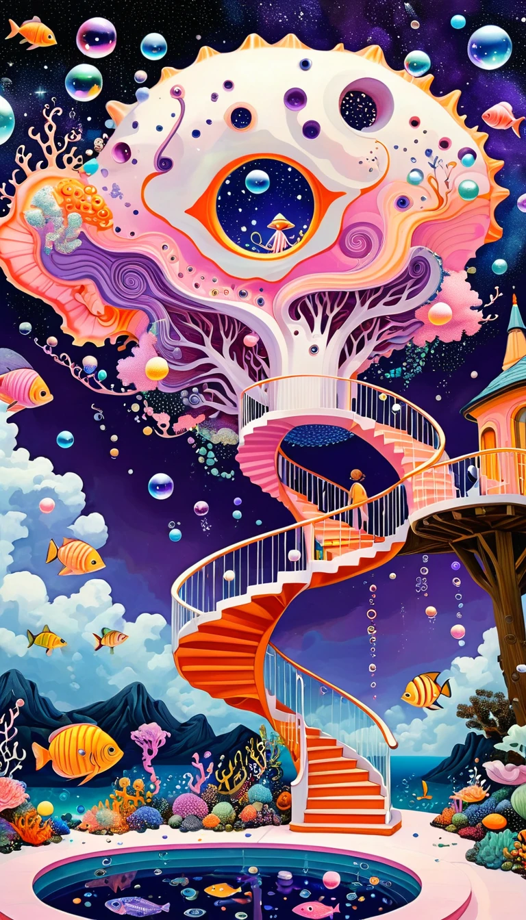 "Dick Ellescas Artist Style",3D transparent conch swimming pool in the sky,沐浴的章fish,Platform、Swimming ring、Starry Sky、cloud,fish、Tentacles、bird、Eye、Soap bubbles,diatom,Spiral Staircase,People silhouette、Stitching together an abstract painting,Describing the inner world of autistic people,Sense of space,White Space,interesting,Innocence,Psychedelic Art,Dense pointillism,Pink theme,Bold contrasts,Purple and Orange