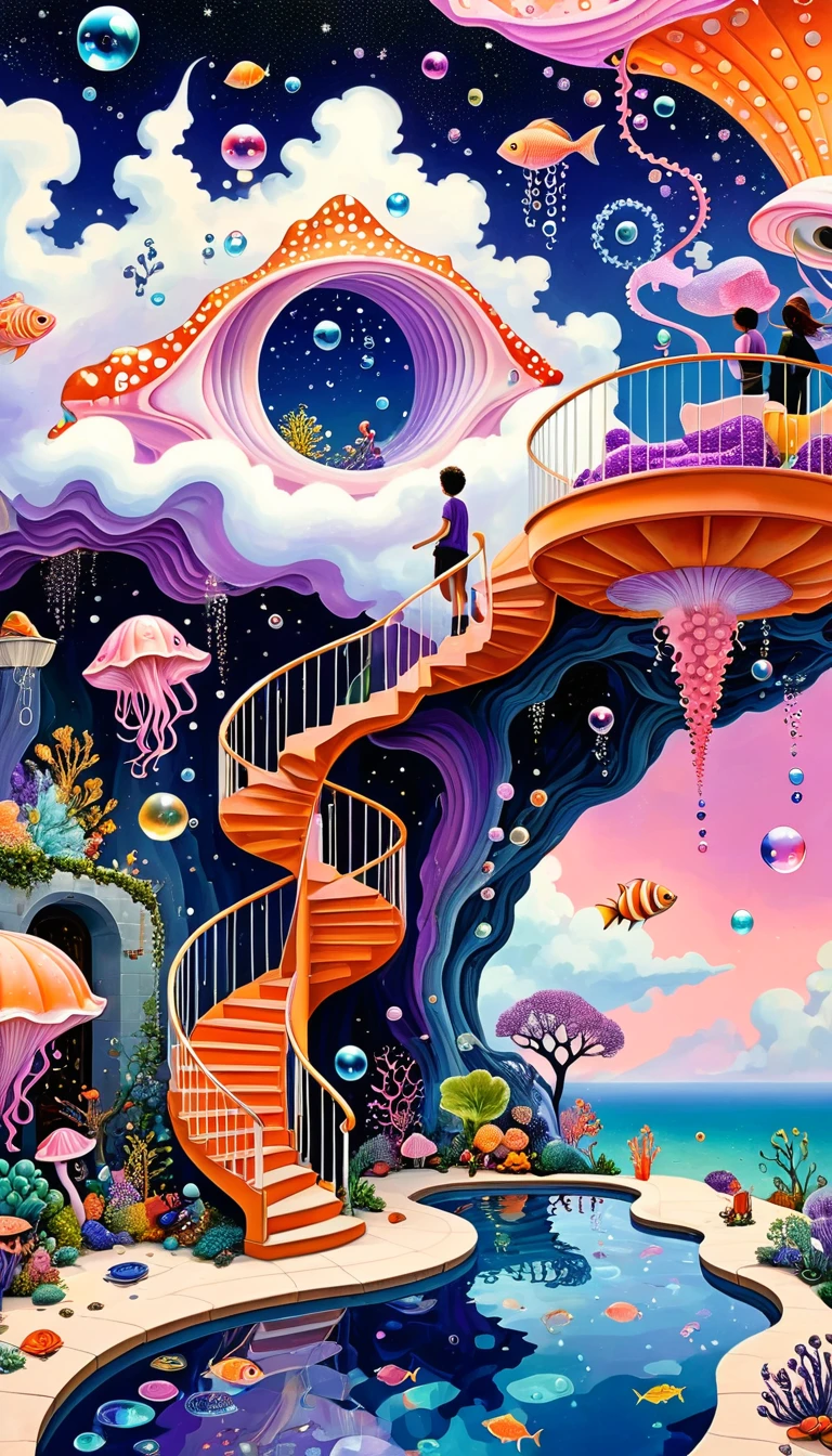 "Dick Ellescas Artist Style",3D transparent conch swimming pool in the sky,沐浴的章fish,Platform、Swimming ring、Starry Sky、cloud,fish、Tentacles、bird、Eye、Soap bubbles,diatom,Spiral Staircase,People silhouette、Stitching together an abstract painting,Describing the inner world of autistic people,Sense of space,White Space,interesting,Innocence,Psychedelic Art,Dense pointillism,Pink theme,Bold contrasts,Purple and Orange