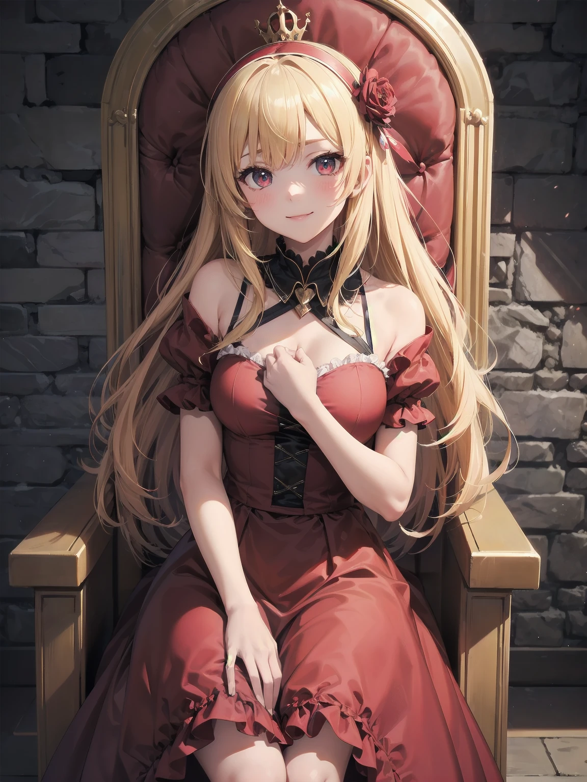 score_9, score_8_up, score_7_up, score_6_up, source_anime, 1girl, solo, defAlexia, long hair, blonde hair, red hairband, brooch, red ballgown, puffy sleeves, frilled sleeves, looking at you, smile, sitting on throne, throne, indoors, stone walls, worried, hand to own chest
