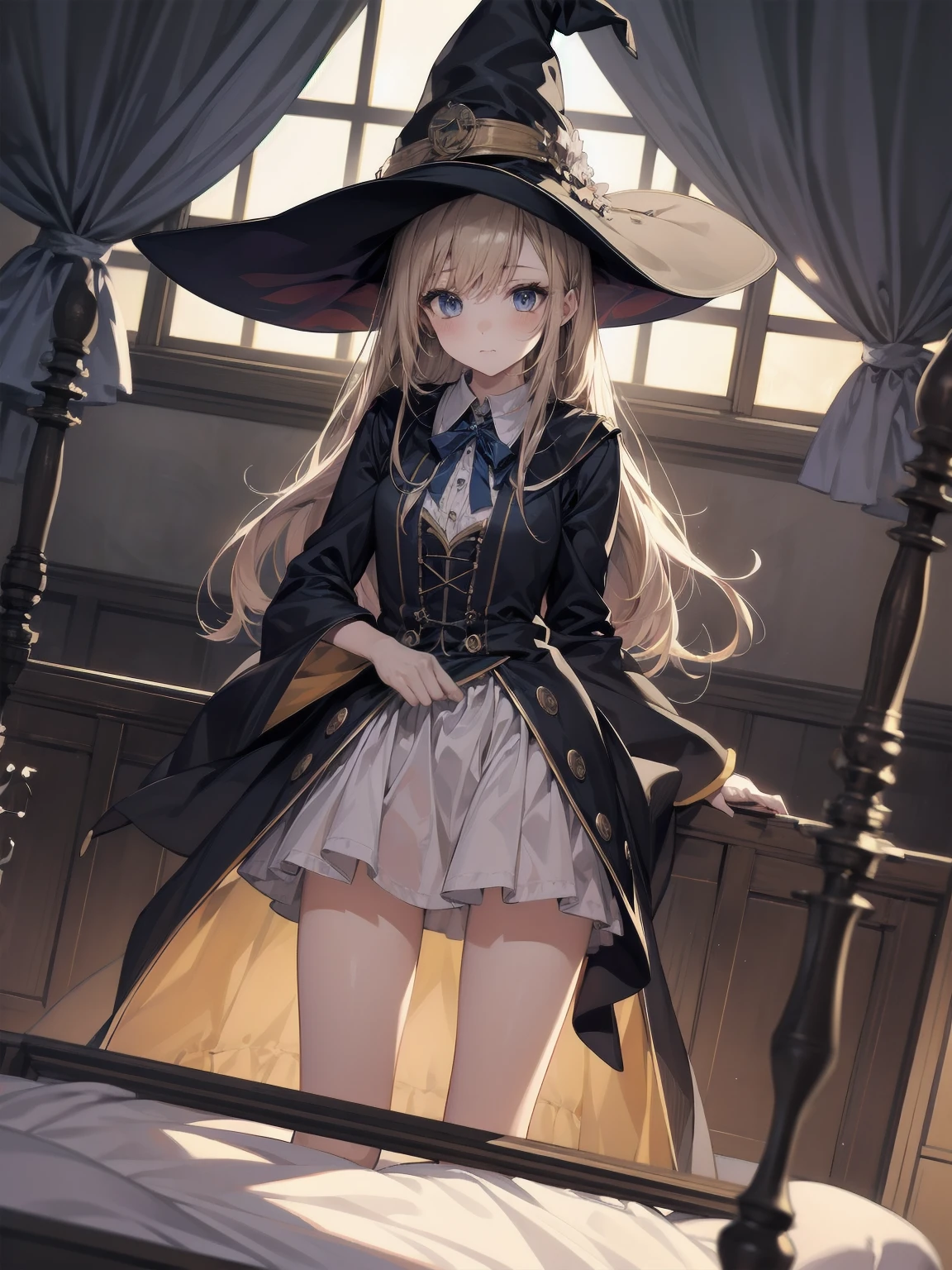 masterpiece, illustration, super detailed, kawaii, one girl, solo, witch in super cute pose, bed room, cowboy shot ,sfw, Dynamic angle