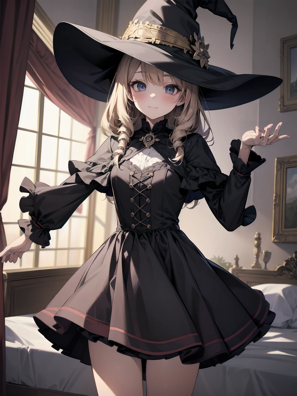 masterpiece, illustration, super detailed, kawaii, one girl, solo, witch in super cute pose, bed room, cowboy shot ,sfw, Dynamic angle