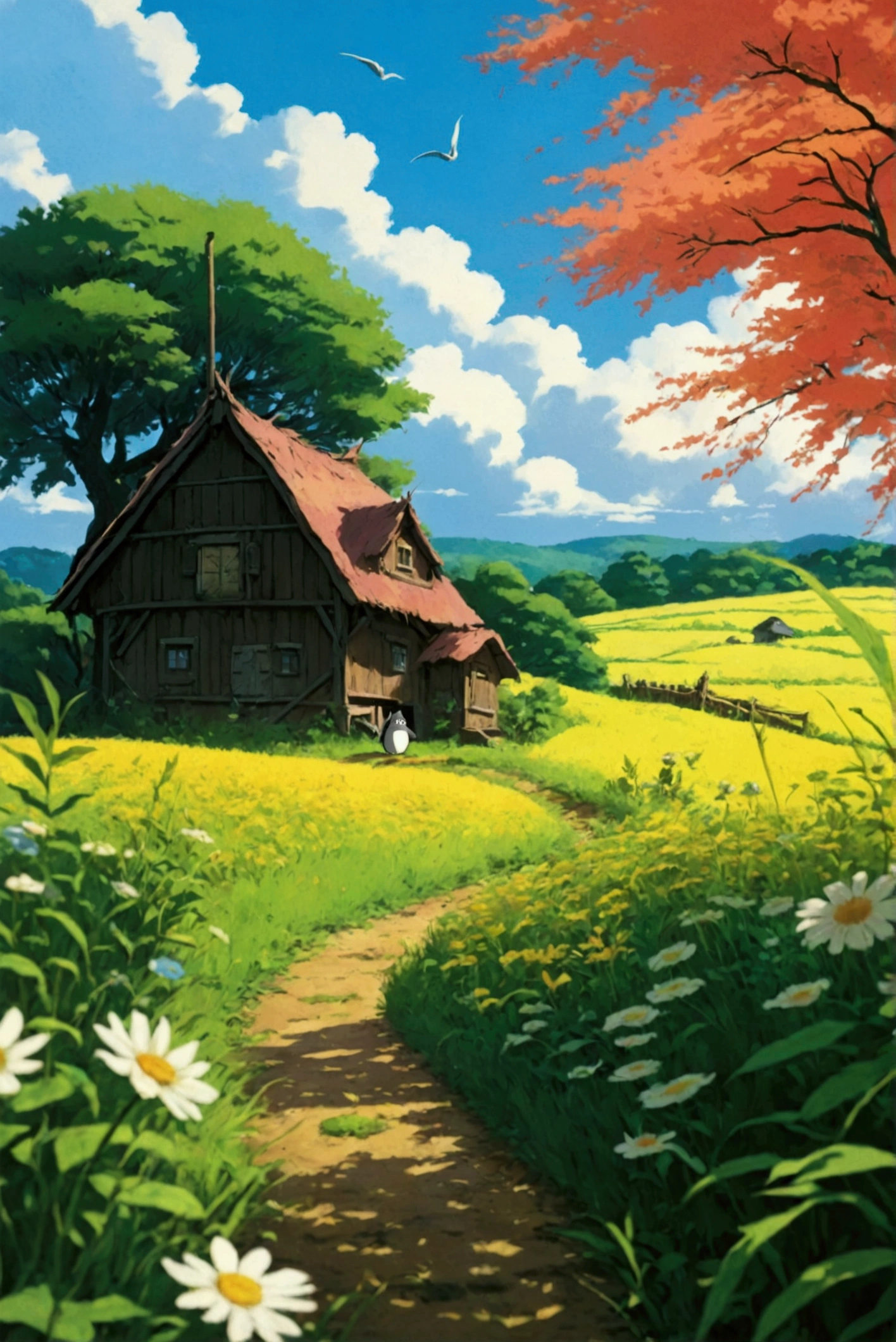 in the farm meadow、Ghibli style、My Neighbor Totoro Scenery