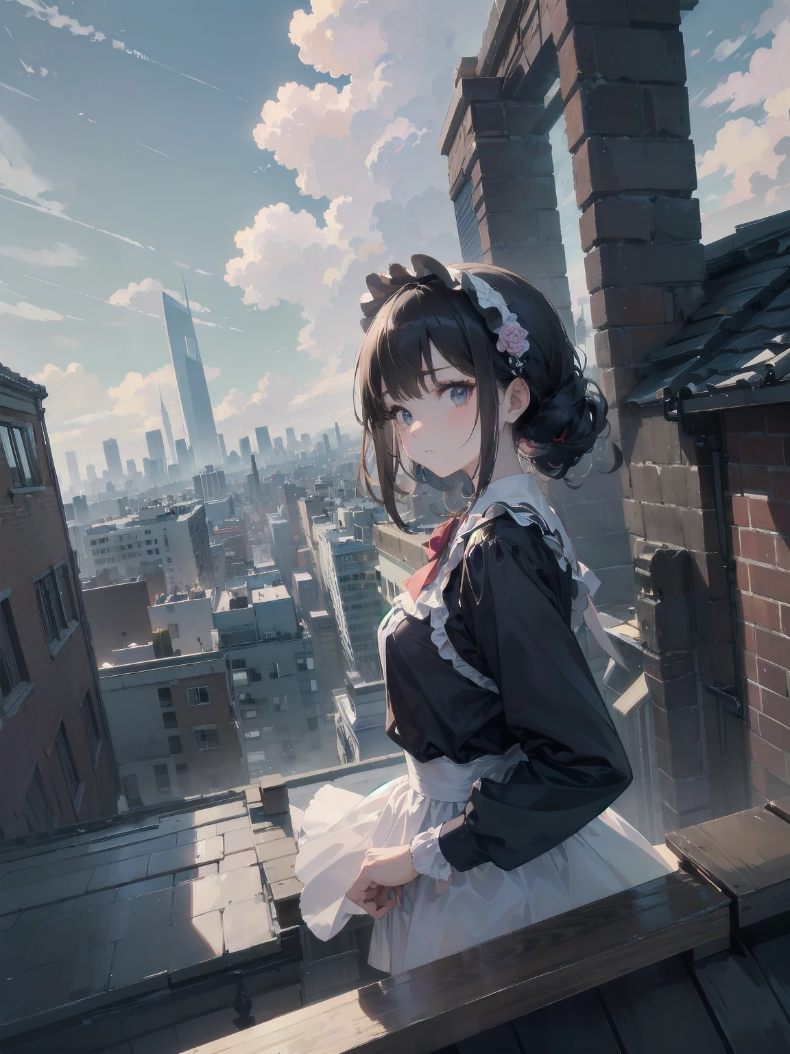 masterpiece、so beautiful、Clear contours、Cute pose of a lolita aristocrat、(building, city, cloudy null, Dutch Angle, From the side, Slight frown, View your viewers, Outdoor, rooftop, null, nullscraper