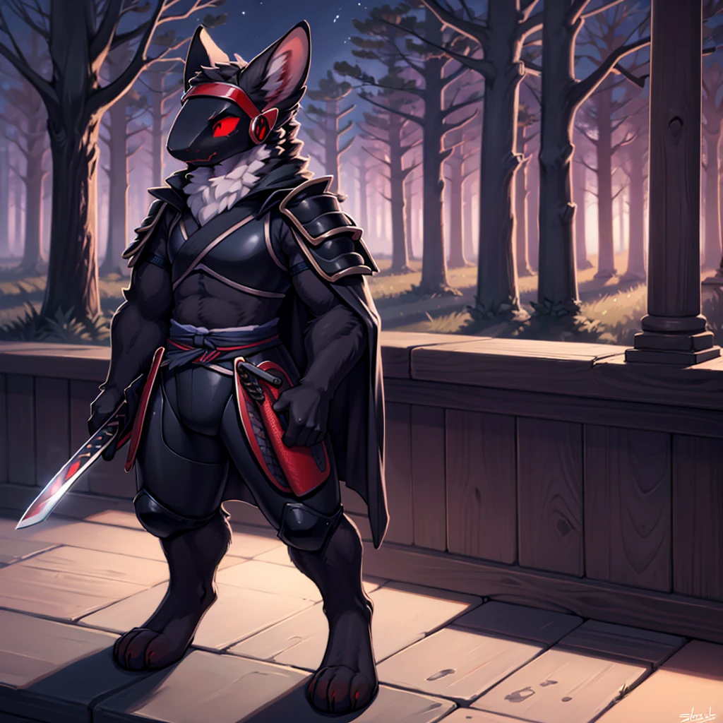 (high resolution masterpiece)), ((Best Quality)), illustration, furry, cat, animal ears, cola, Body coat, black fur, 1 chico, man, Upper part of the body, 1 Boy alone, adult *//*, Red eyes *//*, black full body samurai armor, samurai helmet, looking down right, blank expression, serious look, Holding a katana, night forest in the background