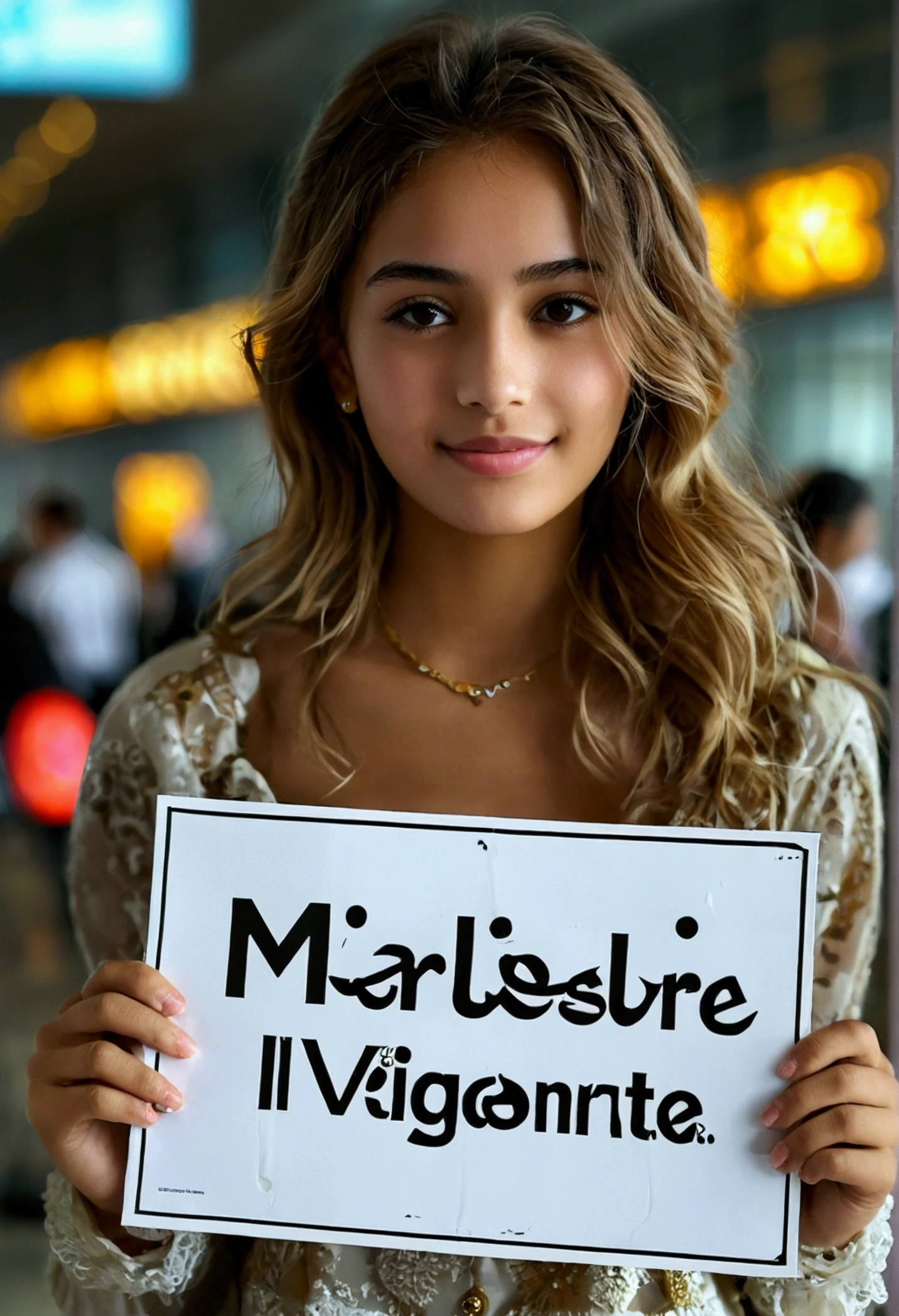 A girl in her twenties, holding a sign that reads 'Mr. Charles Victor' welcomes VIP guests at Dubai airport