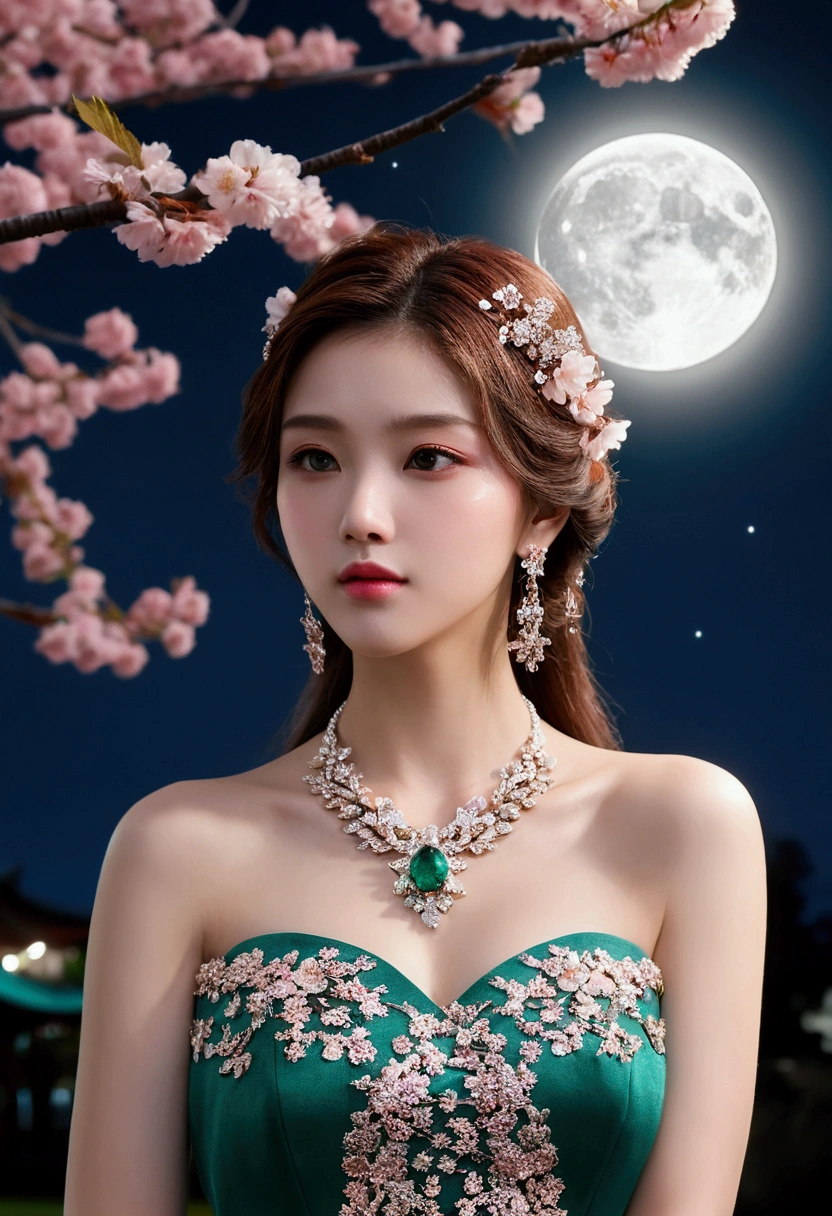 (,1 Girl, Throw,best quality,masterpiece, ) ,(((,night, Full Moon, Cherry blossoms, ))) Ultra-realistic 8k CG, Flawless, Clean, masterpiece, Professional artwork, Famous Artworks, Movie Lighting, Bloom, Perfect face, Pretty Face, fantasy, Like a dream, illusory, Science fiction, luxurious, Jewelry, diamond, Kaneko, pearl, gem, 蓝gem, 红gem, emerald, Intricate details, Exquisite pattern, charming, Tempting, Tempting, , enchanting, Hair accessories, necklace, earrings, bracelet, armband,Halo,Autumn leaves,