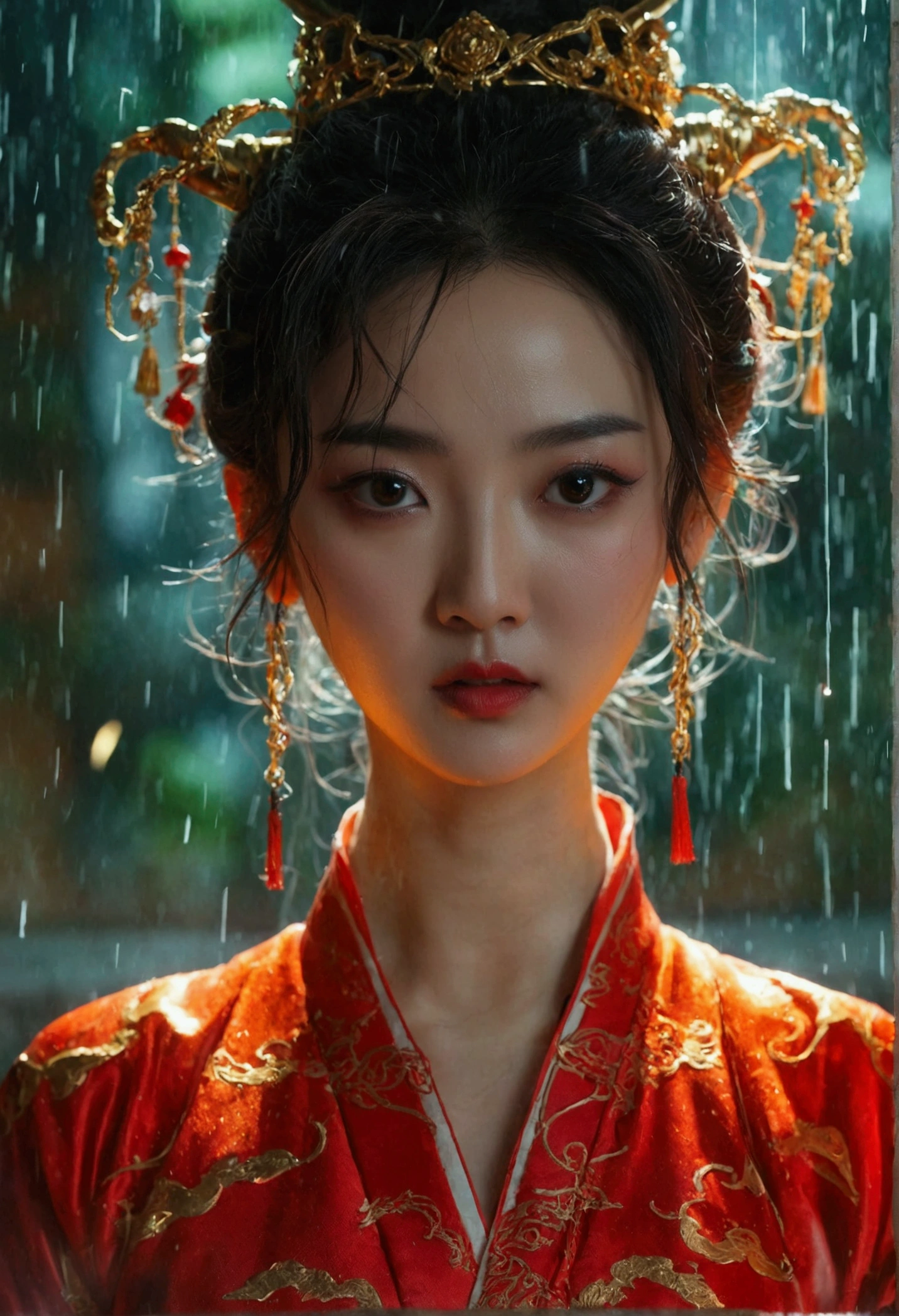 The expression of dissatisfaction and collapse,Sexy,【Pheromones】,《Chloroform》,《L cup》The devil, Glamorous eye makeup。Wear cool and revealing clothes, Raise your left foot。The devil's cheeks are slightly red,Blind eyes,The female devil is Asian。The female devil is wearing a low-cut Hanfu。waist。The characters' faces are as mature as possible.。background:rainstorm。The clothes are soaked and stick to the body。Add some fantasy effects。Magic light effects。Real-life shooting TV drama effects。The female devil image is based on actress Zhao Liying,Ultra-high resolution。Production quality reference Xuanji Technology