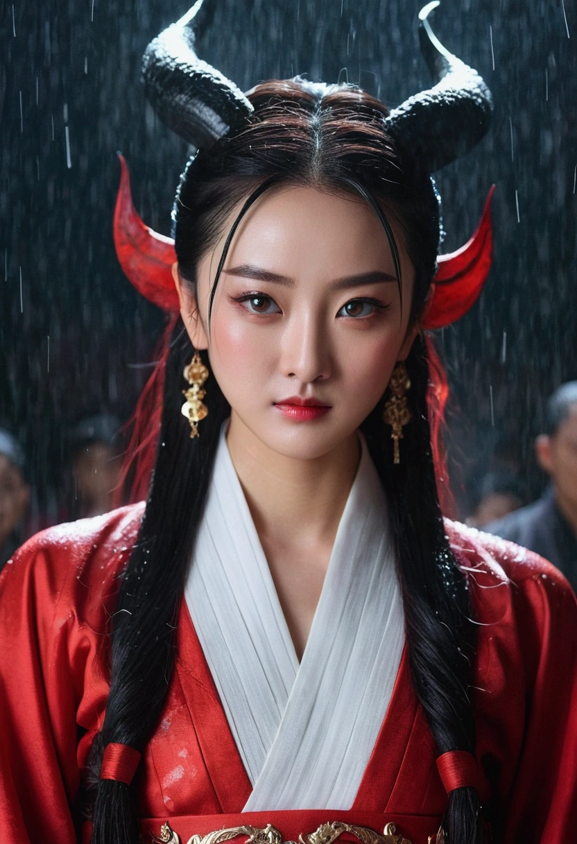 The expression of dissatisfaction and collapse，Sexy，【Pheromones】，《Chloroform》，《L cup》The  devil, Glamorous eye makeup。Wear cool and revealing clothes, Raise your left foot。The devil&#39;s cheeks are slightly red，Blind eyes，The female devil is Asian。The female devil is wearing a low-cut Hanfu。waist。The characters&#39; faces are as mature as possible.。background：rainstorm。The clothes are soaked and stick to the body。Add some fantasy effects。Magic light effects。Real-life shooting TV drama effects。The female devil image is based on actress Zhao Liying，Ultra-high resolution。Production quality reference Xuanji Technology