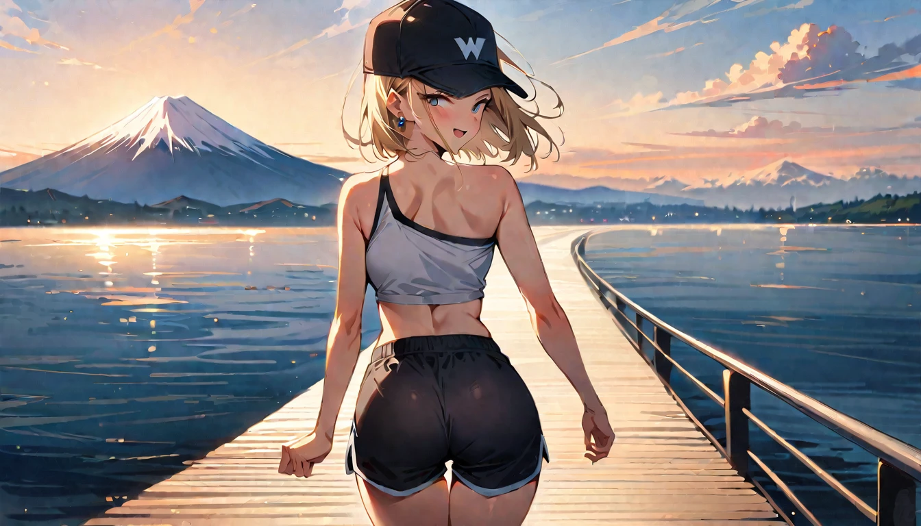 (masterpiece, best quality:1.2), 1girl, solo, Android 18 from Dragon Ball, ((slip-on one-shoulder crop top)), (light gray top:1.2), (light gray dolphin shorts), (thigh gap), medium breasts, short blonde hair loose, ((close eyes)), earrings on earlobes, slender feminine figure, narrow waistline, skinny body, (plane black cap), (cap without logo), gray newbalance shoes, sky, looking at viewer, blush, shot from behind, looking back, back view, walking, Mt.Fuji, outside, natural lighting and shadows, magnificent view, blur background, 4K, open mouth, smile, beautiful butt, summer