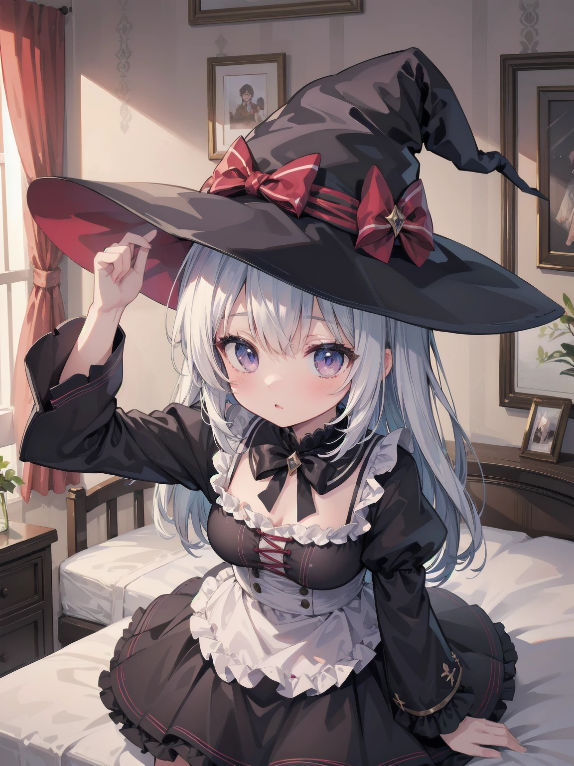 masterpiece, illustration, super detailed, kawaii, one girl, solo, witch in super cute pose, bed room, cowboy shot ,sfw, Dynamic angle