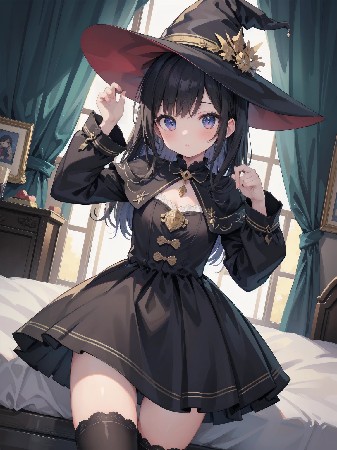 masterpiece, illustration, super detailed, kawaii, one girl, solo, witch in super cute pose, bed room, cowboy shot  ,sfw, Dynamic angle