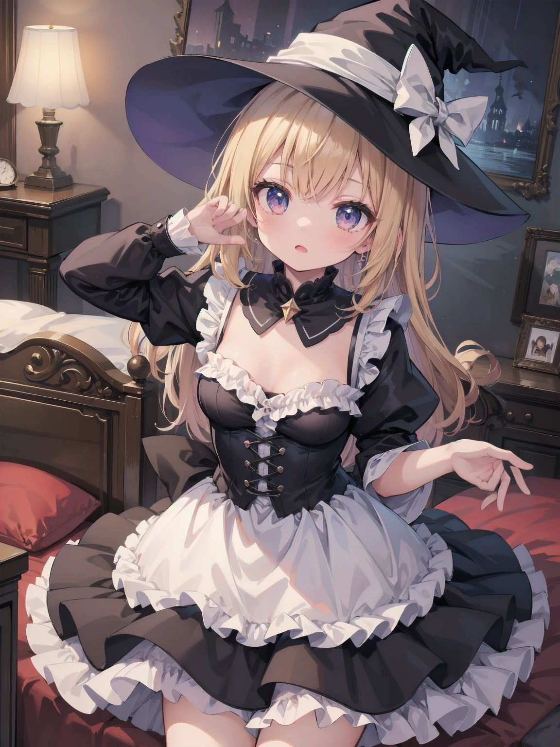 masterpiece, illustration, super detailed, kawaii, one girl, solo, witch in super cute pose, bed room, cowboy shot  ,sfw, Dynamic angle
