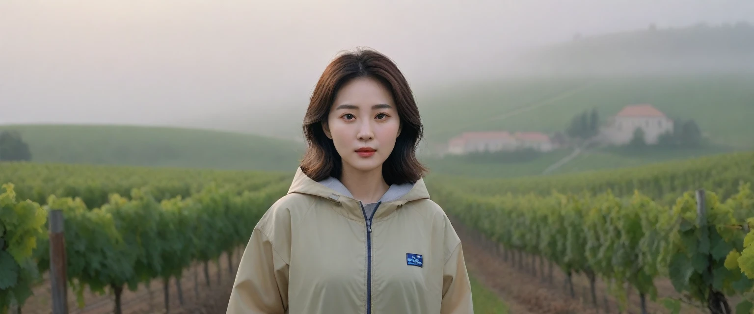 8k best picture quality, Beautiful 36-year-old Korean woman, Chest size 34 inches, The cathedral can be seen through the early morning fog past the vineyards in the Croatian countryside., The back background is realistic and vivid image quality, medium hair, Casual and British - (Beige short-sleeved windbreaker for summer) ,Perfect and realistic photos, The background is realistic. Full body shot with Canon camera 16-35 wide angle lens, expressionless, Standing on a vineyard hill covered in thick fog, Look at the front camera.