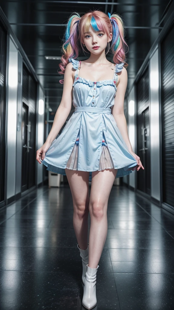 Cute redhead with rainbow colored hair tips, ribbons in her hair, 18-year-old woman, happy, in twin tails, perfect symmetrical eyes, clear sparkling blue eyes, pale skin, silky smooth skin, standing on a fancy metal luxurious space ship, futuristic corridor, dark warm lighting, wearing a futuristic  dress, pleated (chemise) mini dress (pastel rainbow colors, and polka dots), wearing full body pantyhose, cute short cut booties.