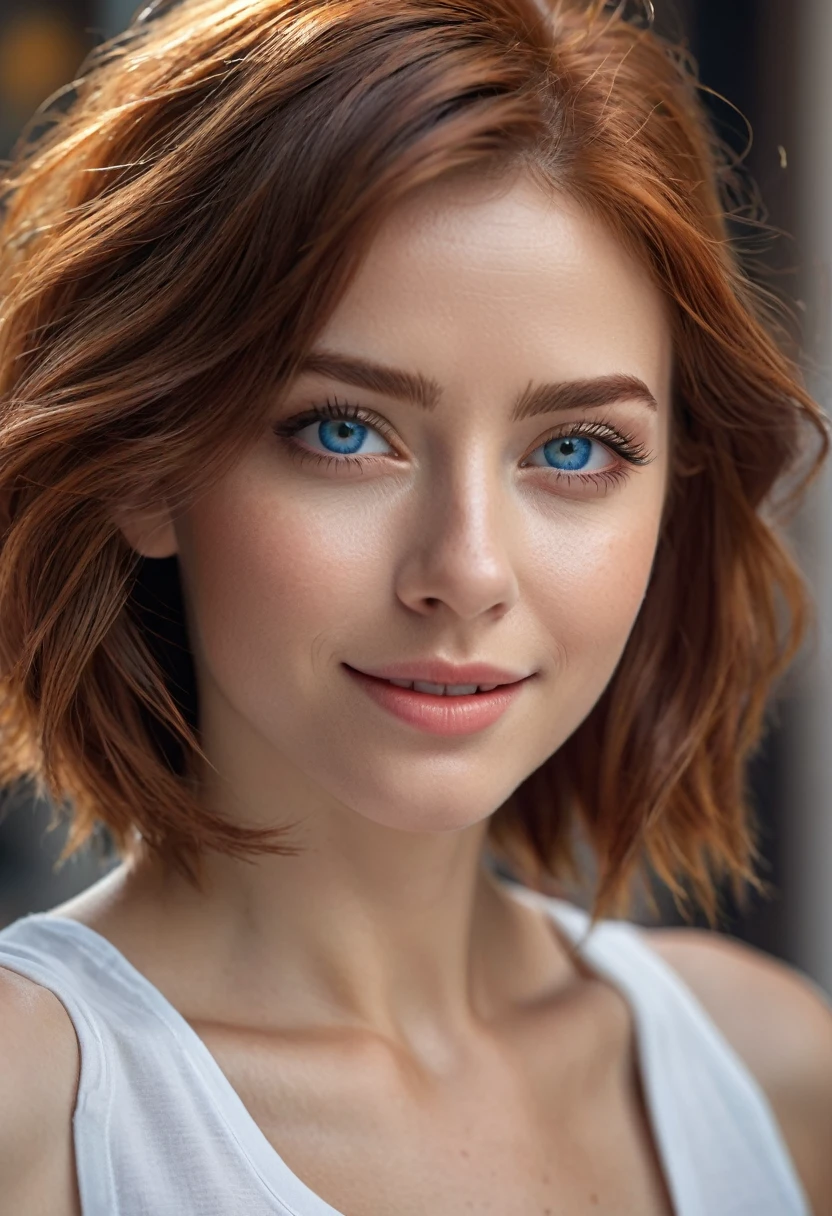 （RAW，mock，Nikon Z 14mm Ultra Wide Angle Lens，Award-winning glamor photos，perfect shape，（（Best Quality）），（（Masterpieces）），（（natural）），skin pores，Subsurface Dispersion，Radiate light，high resolution，detailed facial features，High details，sharp focus，seeds，beautiful，extremely detailed，（Ojos Very detaileds color azules, long red hair, iris Very detailed），extremely detailed hair，extremely detailed skin，extremely detailed clothes，Representation of the octane number，natural，natural，Post processing，maximum detail，Natural details of the hands，perfect shape， realistic shadows， roughness， natural skin texture， real life， A hyperrealist， realism， Photography， 8k hd， Photography， HDR， Complex，The figure is naturally perfect.，elegant， Very detailed， sharp focus， amazing， beautiful， florida）， （Masterpieces：1.2， Best Quality1：1， ultra detail：1.2， best shadow， 8k：1.1）， （Big cities：1.3， Ceiling：1.1， The urban structure below， arm）， （Contrast the background， bright background）， （beautiful detail face）， High contrast， （perfect lighting：1.2， beautiful colors，delicate colors），（（cinematic light）），showy，ultra detail，dramatic light，intricate details，（1 girl girl，Alone，with brown hair，smiling，short hair，Straight hair：1.1，Blue eyes，dynamic angles，white sleeveless t-shirt，Cowboys，cowboy shots，Los arms están naturalmente hacia abajo.），depth of field,