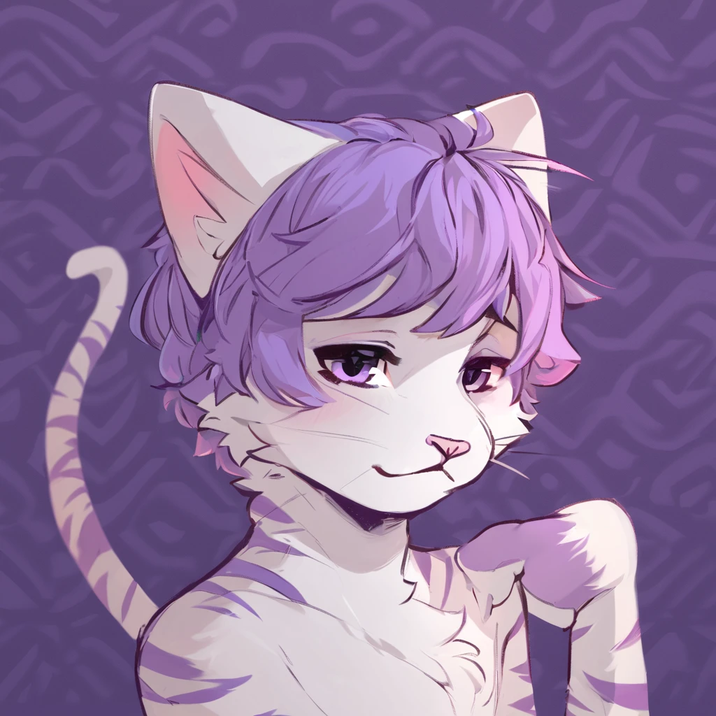 adult, feline, mammal, anthro, anthropomorphic, cat, striped, fur, striped_feline, fur, male, light_purple, purple_hair, fluffy, white, white_chest, shy, small_pupils, digital_art, high_resolution, high_res, hand-drawn, pencil_lines, head_visible, background, neck_visible, seductive_face, detailed_line_work, profile_picture, head_visible, neptune_background, purple_background, cute, white, posing, finger_paws, dream_pose, headshot, head_only, small_pupils, seducted_face