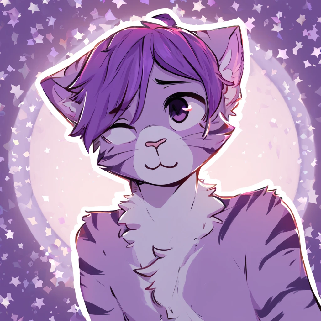 adult, feline, mammal, anthro, anthropomorphic, cat, striped, fur, striped_feline, fur, male, light_purple, purple_hair, fluffy, white, white_chest, shy, small_pupils, digital_art, high_resolution, high_res, hand-drawn, pencil_lines, head_visible, background, neck_visible, seductive_face, detailed_line_work, profile_picture, head_visible, neptune_background, purple_background, cute, white, posing, finger_paws, dream_pose, headshot, head_only, small_pupils, seducted_face