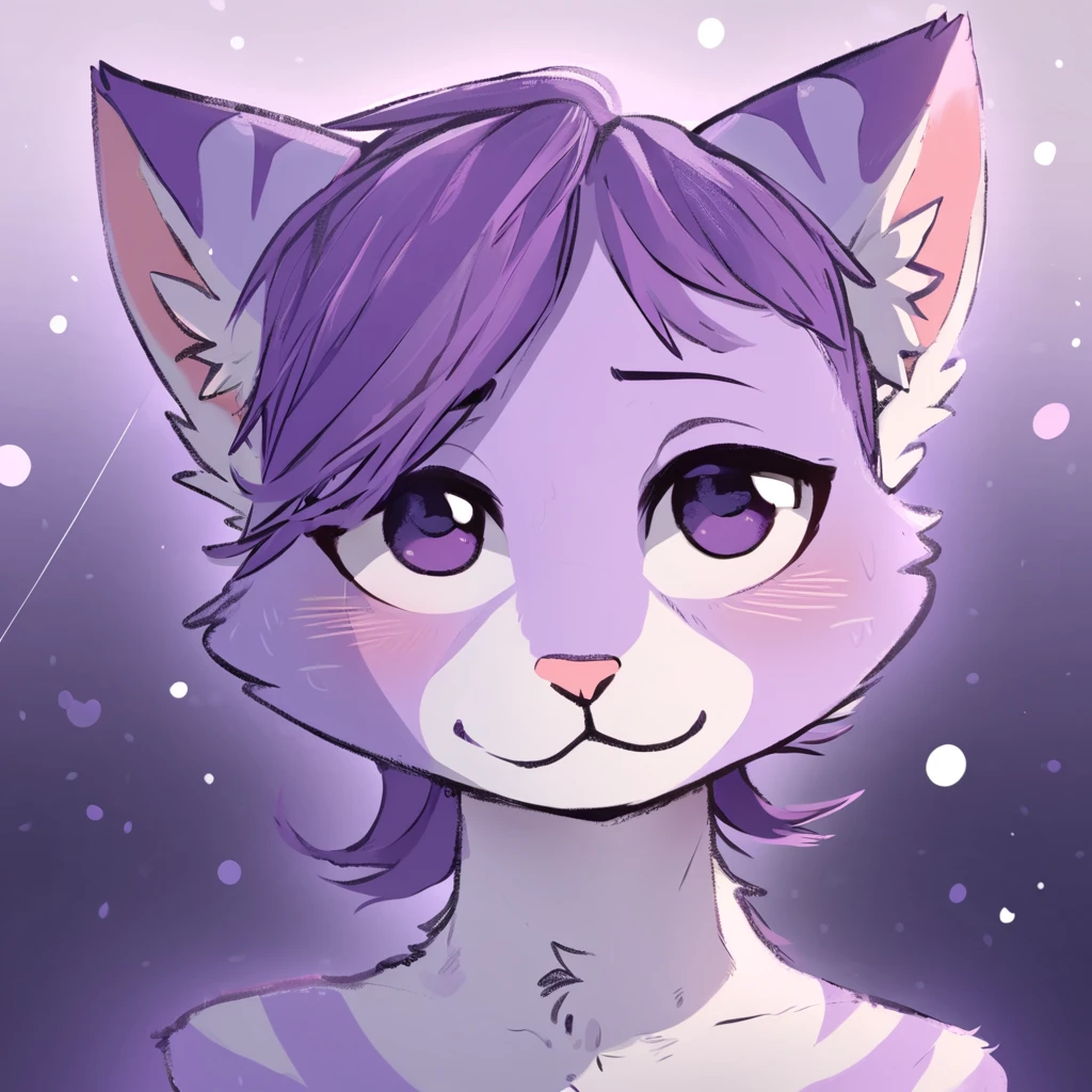 adult, feline, mammal, anthro, anthropomorphic, cat, striped, fur, striped_feline, fur, male, light_purple, purple_hair, fluffy, white, white_chest, shy, small_pupils, digital_art, high_resolution, high_res, hand-drawn, pencil_lines, head_visible, background, neck_visible, seductive_face, detailed_line_work, profile_picture, head_visible, neptune_background, purple_background, cute, white, posing, finger_paws, dream_pose, headshot, head_only, small_pupils, seducted_face