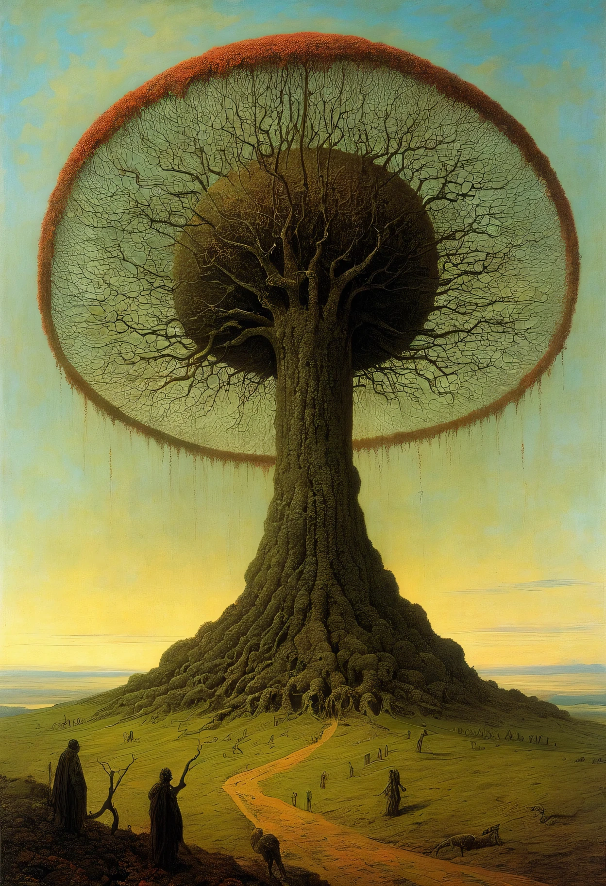 Mythical creatures, author:Zdzislaw Beksiński, Giant cherry tree,tons of corpses