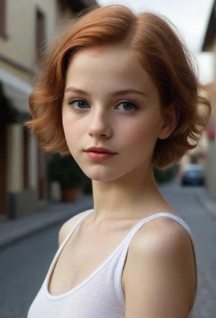 half body shot, A very young tween girl poses on a quiet street in a resort town. The girl has extremely detailed eyes, beautiful lips, long eyelashes and perfect anatomy. Her fragile skinny body and hands are worked out to the smallest detail, with realistic, photorealistic and the highest quality rendering. The lighting is Rembrandt-esque, creating a dramatic, masterpiece scene. She has a European appearance, with a cute oval face, short red hair and very small breasts. The woman poses in a retro style, looking like a high quality work of photographer David Dubnitsky. Her pale skin shows pores and moles, and she is wearing a tight T-shirt and short shorts. half body shot. The scene was shot on a DSLR camera in 8K UHD resolution, with soft lighting and film grain.