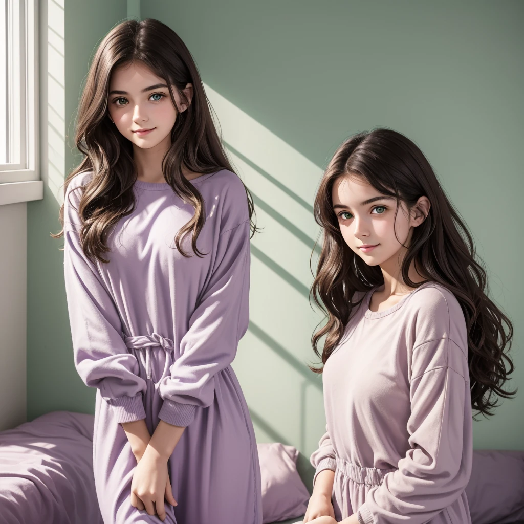 20-year-old adult girl, wavy dark brown hair, green eyes, delicate face, subtle smile, white skin but not too light. She is in her own room with lilac walls staring at the wall blankly