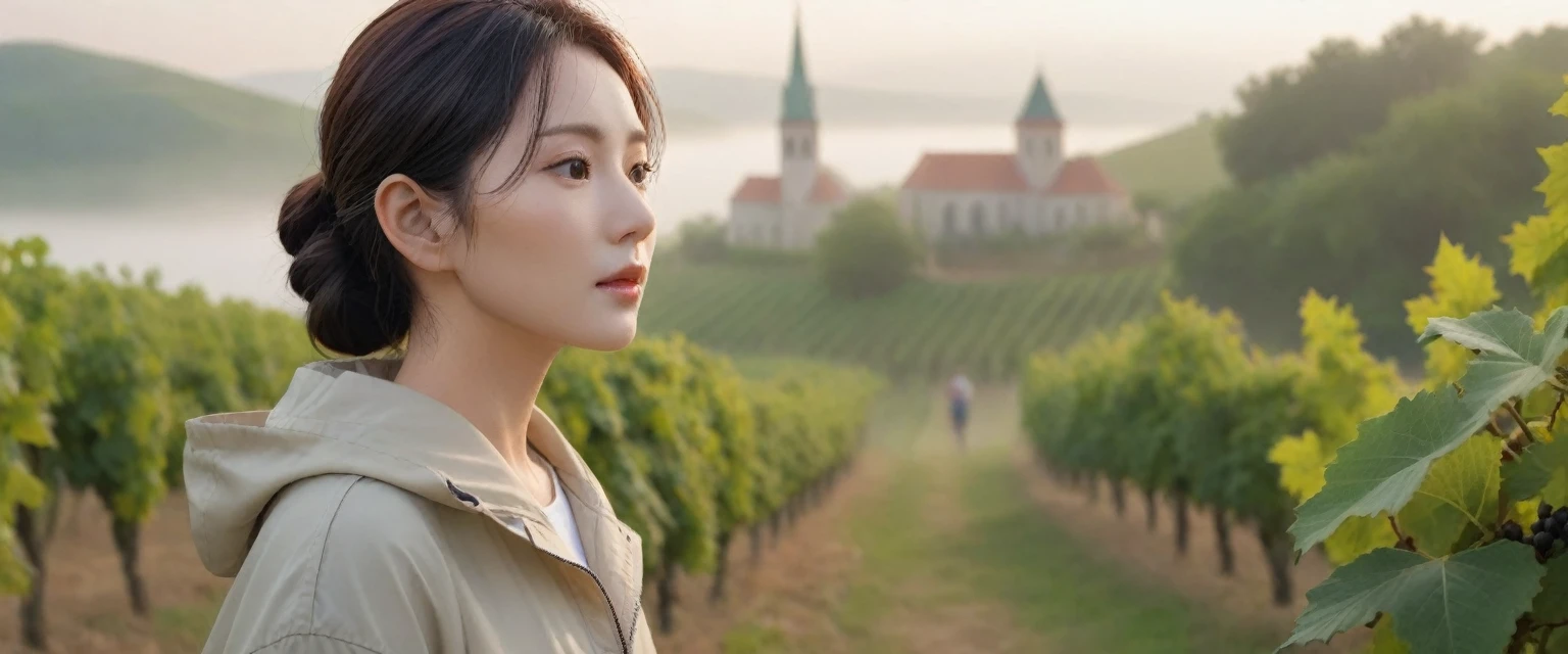 8k best picture quality, Beautiful 36-year-old Korean woman, Chest size 34 inches, The cathedral can be seen through the early morning fog past the vineyards in the Croatian countryside., The back background is realistic and vivid image quality, medium hair, Casual and British - (Beige short-sleeved windbreaker for summer) ,Perfect and realistic photos, The background is realistic. Full body shot with Canon camera 16-35 wide angle lens, expressionless, Standing on a vineyard hill covered in thick fog, Look at the front camera. 1 woman