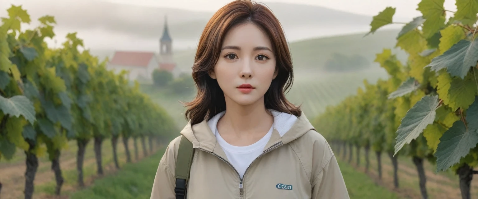 8k best picture quality, Beautiful 36-year-old Korean woman, Chest size 34 inches, The cathedral can be seen through the early morning fog past the vineyards in the Croatian countryside., The back background is realistic and vivid image quality, medium hair, Casual and British - (Beige short-sleeved windbreaker for summer) ,Perfect and realistic photos, The background is realistic. Full body shot with Canon camera 16-35 wide angle lens, expressionless, Standing on a vineyard hill covered in thick fog, Look at the front camera. 1 woman