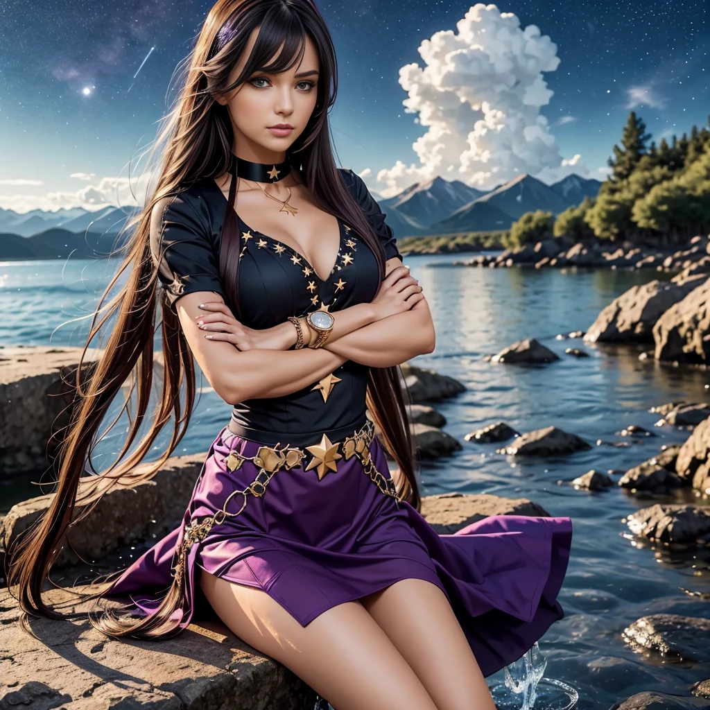 girl, located in the corner, looking at the sky, solo, Mona (Genshin Impact), choker, hair between eyes, star (symbol), long hair, dark purple hair, twintails, blue eyes, shining eyes, jewelry, witch, maid, bangs, purple black dress, purple skirt, white apron, landscape, night sky, star (sky), starry sky, night, outdoor, clouds, reflection, water, magic, tarot, water magic, ((beautiful golden crystal star)), space, water droplets, splash