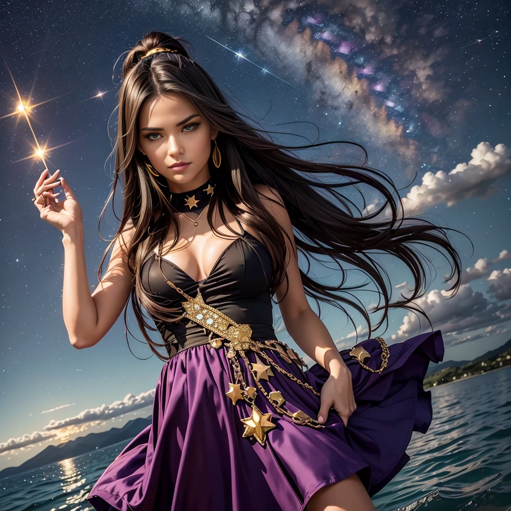 girl, located in the corner, looking at the sky, solo, Mona (Genshin Impact), choker, hair between eyes, star (symbol), long hair, dark purple hair, twintails, blue eyes, shining eyes, jewelry, witch, maid, bangs, purple black dress, purple skirt, white apron, landscape, night sky, star (sky), starry sky, night, outdoor, clouds, reflection, water, magic, tarot, water magic, ((beautiful golden crystal star)), space, water droplets, splash