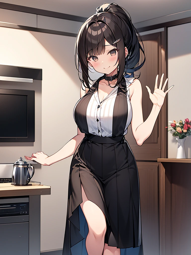 Anime drawing with clear colors. Full body drawing. Young wife is a former student council president. One adult woman. (White vertical striped sleeveless shirt with collar and black long skirt), (Morning Apartment Room Sexy)、 (Breakfast at the table, waving goodbye with a refreshing smile), (Short black hair, ponytail, straight hair, swept-to-the-side bangs:1.9 Slanted eyes Brown eyes Tall Big breasts Strong Beautiful Cute)