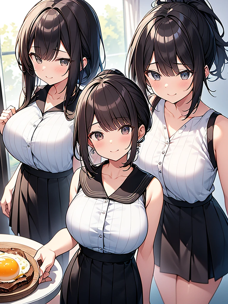 Anime drawing with clear colors. Full body drawing. Young wife is a former student council president. One adult woman. (White vertical striped sleeveless shirt with collar and black long skirt showing collarbone), (Morning Apartment Room Sexy)、 (Breakfast at the table, waving goodbye with a refreshing smile), (Short black hair, ponytail, straight hair, swept-to-the-side bangs:1.9 Slanted eyes Brown eyes Tall Big breasts Strong Beautiful Cute)