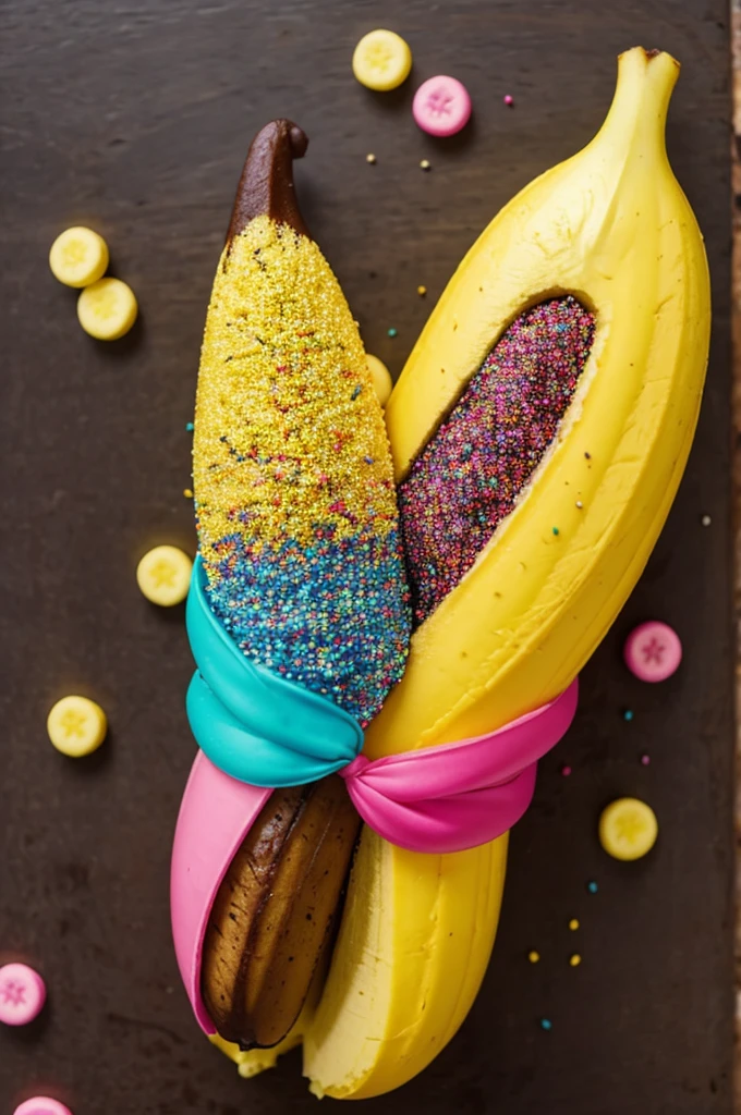 A chocobanana with candy colored sprinkles