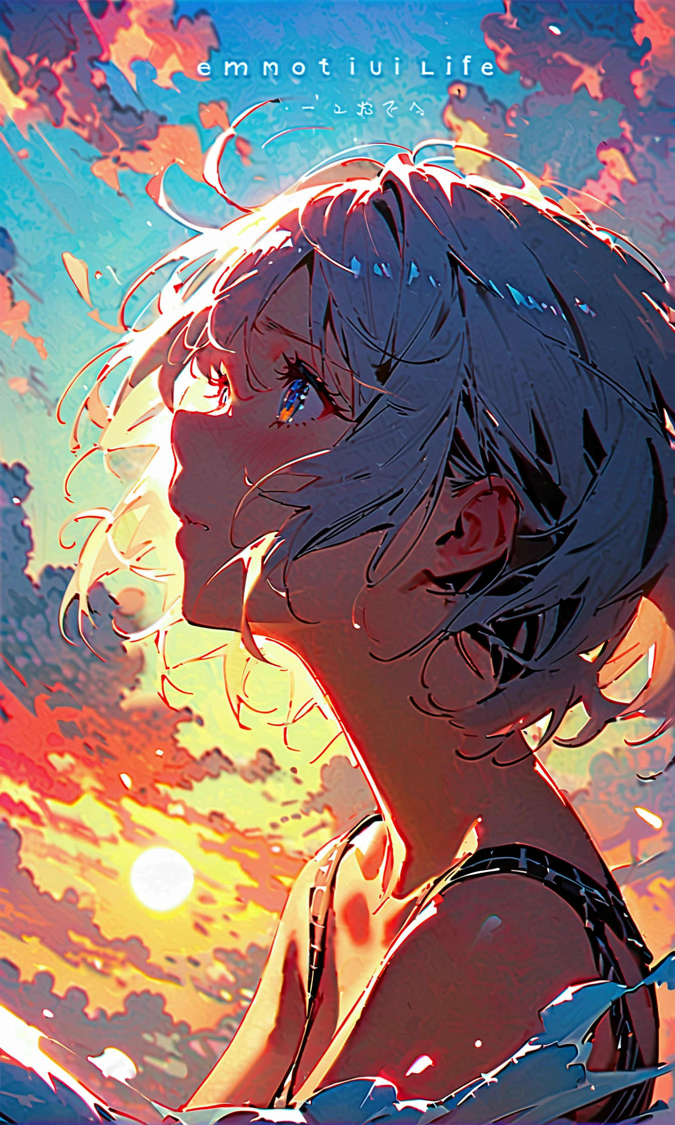 woman， Flowing silver short hair, Eyes of the Universe, Beautiful sky, Beautiful Clouds, In summer，Increased resolution、emotional expression、About life、Hard Life、１Percent chance、