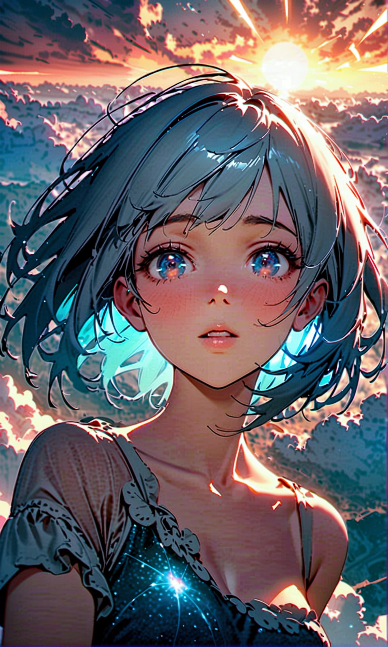 woman, Flowing silver short hair, Eyes of the Universe, Beautiful sky, Beautiful Clouds, In summer,Increased resolution、emotional expression、About life、Hard Life、1Percent chance、