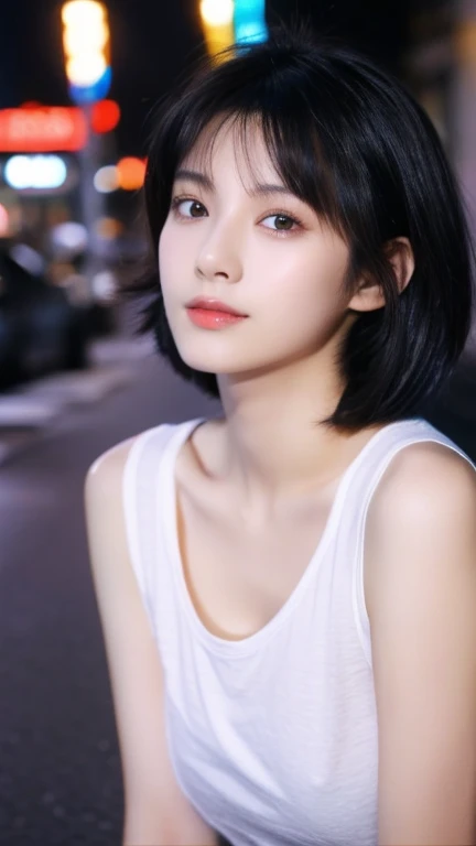 Highest quality、Japanese women、The most beautiful woman in the world、sexy、Blue-black hair color、Short Hair Style、Small face、Beautiful skin、night、Large breasts、Realistic、White T-shirt、