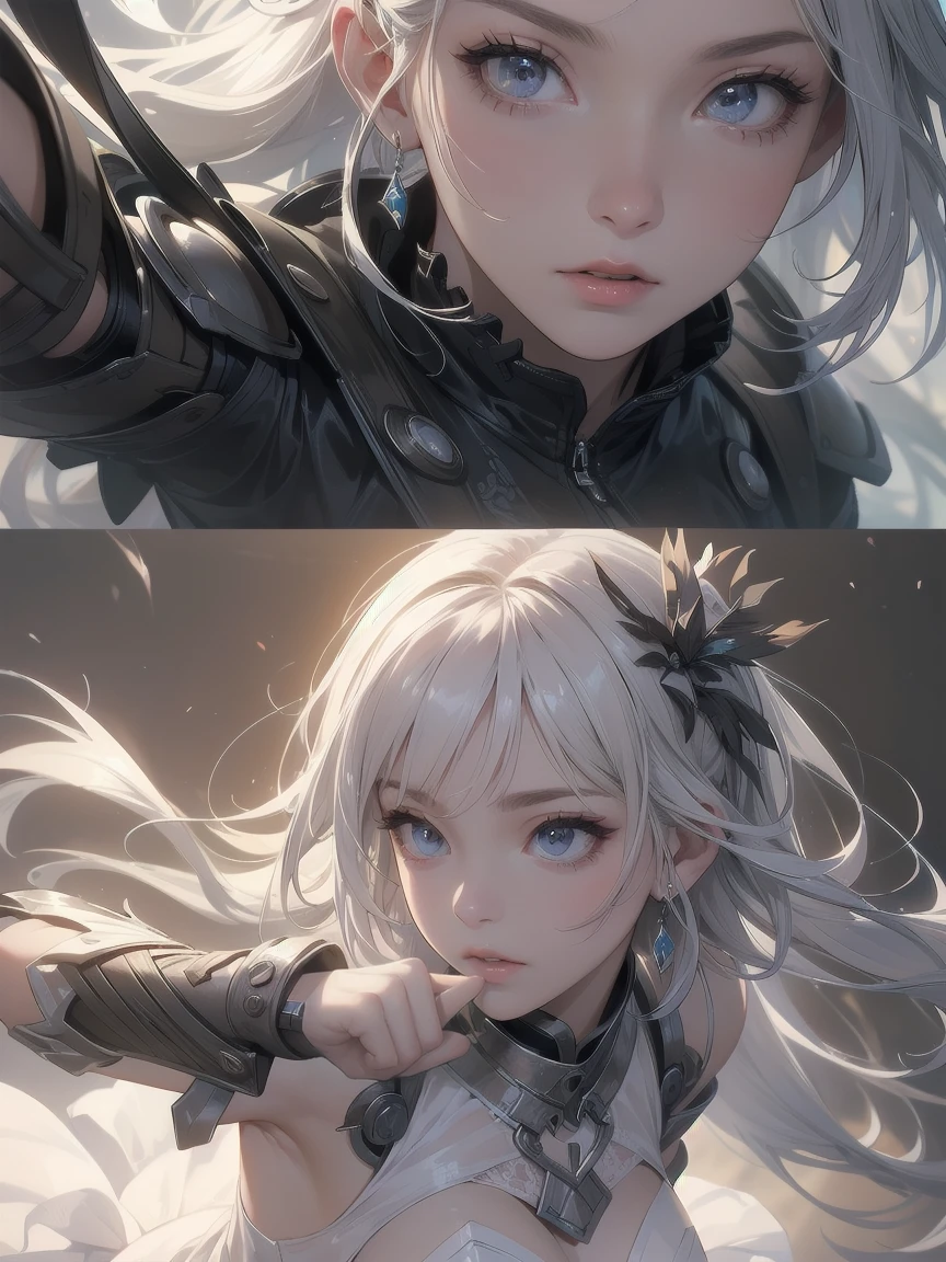 (Dynamic fighting pose),(Leather boots,(asymmetrical mechanical armor),(White lace long dress with embroidery,See through,Lifting the hem of the dress)),(Random hairstyle),(Thin type:1.8),(Large Breasts),(Best image quality,(8K), Ultra-realistic, 最high quality, high quality, High resolution, high qualityの質感, Attention to detail, Beautiful details, Fine details, Highly detailed CG, Detailed Texture, Realistic facial expressions, masterpiece, before)