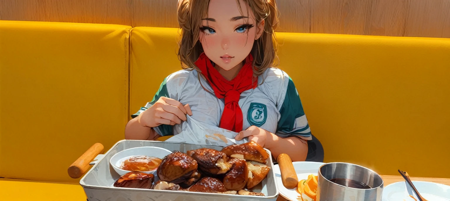 nsfw,(((masterpiece))), (((best quality))),((masterpiece:1.5)), (best high quality), (ultra high res), (ultra highly detailed), (8k:1.3),anime colored,perfect hands, perfect fingers, perfect legs,(cowboy shot,from front),(forehead:1.2),1woman,solo,idolmaster, (haru yuuki) ,(14years old, beautiful girl), (beautiful eyes),(((beautiful orange hair))), (((long straight hair))), (wet hair), (wet skin), ((Sweat)), ((vapor)), (flat chest,small breast), (expensive), ((spread leg)),(straddling),(spread pussy 1.5),(love juice:1.2),(many sweat:1.5),(pubic orange hair:1.2),(bottomless:1.5),(soccer uniform:1.5),((lift clothes)),(wet clothes),(no bra,no panty),(open your mouth), ((a big smile)), ((out tongue)),(Nice touch), (one eye closed),((feel good)), (saliva),(eating pizza:1.3), ((pizza box on table)), (sitting on bench), (soccer stadium),(in night),bokeh,