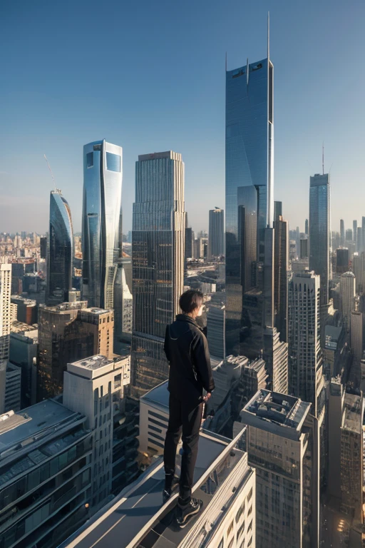 scene: 2500s Innovative city of the future.
background: Cityscape with tall buildings and luxurious technological equipment.
Character: The main character appears in modern clothing.. Draw me