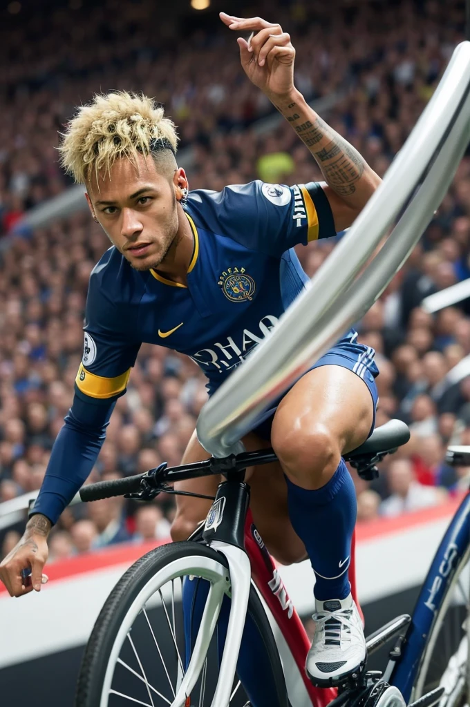 Neymar riding his bicycle inside the goal in a packed European stadium 