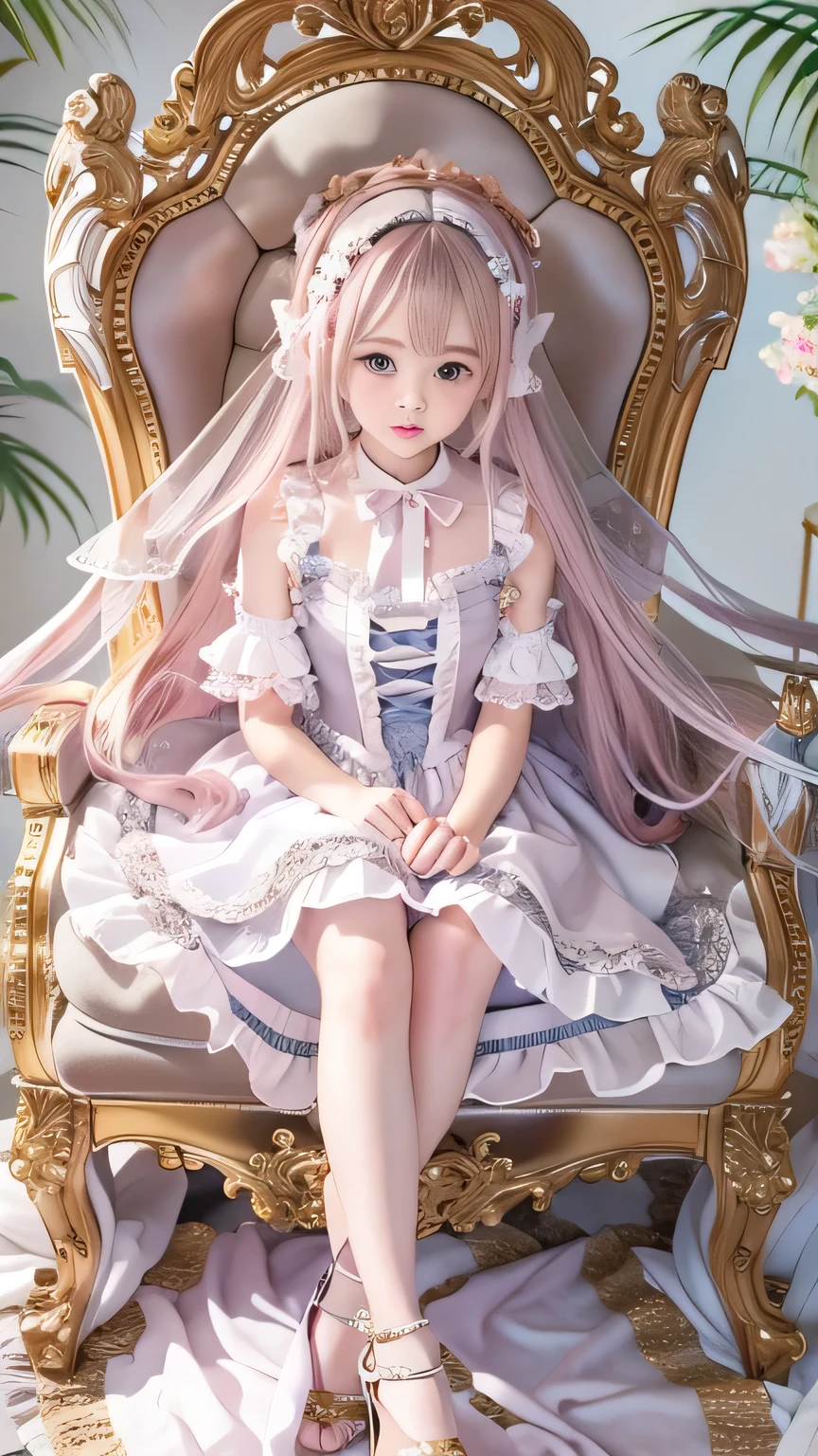a close up of a woman in a dress and shoes on a chair, Tsurime,Rococo Dress, Rococo frill dress, ta Fashion, Lolityle, romantic dress, Fantasy Dress, Dreamy Style, Ruffled Costume, In a dress, Fairy Core, ビクトリア朝のゴシックLolita Fashion, Magical Dress, Cute as an angel, Wearing frilly clothes ((race)),Highly detailed eyes and face、Beautiful and fine details, glasses,Makes your face smaller,Realistic facial expressions,(See the face and feel:1.6),Charmed,Nasty look,(To do:1.4),functional,Milky skin,Soft lips,RAW Photos,Expressions of affection,Shyness,Yearning for love,Girl's sex appeal,Sex appeal scent,Cool color makeup,Eyebrows are lowered、Whitening effect,Beautiful and fine details,Beautiful skins,In detail、Smooth Hair,Fine hair,Very fine hair ,Thin legs,Style like destiny
