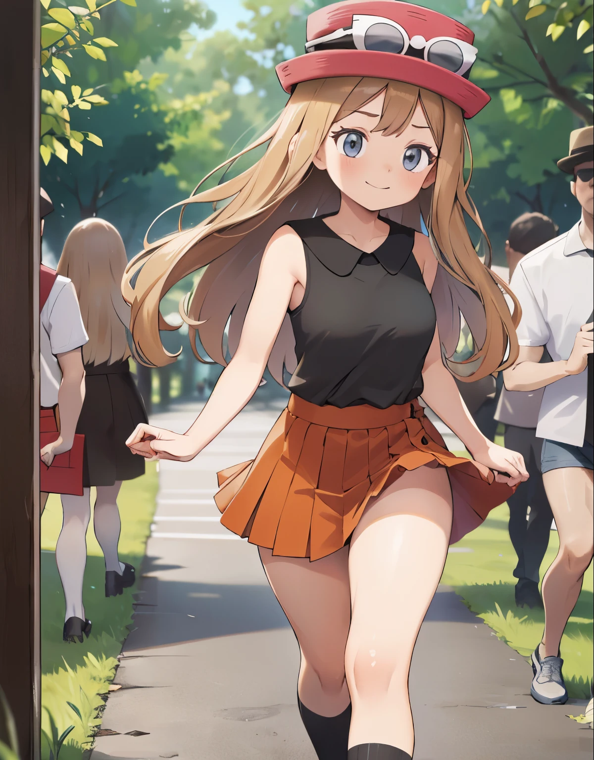 (best quality,4k,8k,highres,masterpiece:1.2), ultra-detailed, realistic:1.37, HDR, studio lighting, vivid colors, bokeh, baking, sketches, full body, eyewear on head, hat, skirt, sunglasses, shirt, black shirt, sleeveless, red skirt, pink hat, black thighhighs, white panties, detailed eyes, innocent gaze, nervous, fearful, embarrassed, nervous smile, visible thighs, thick thighs, thighs in the foreground, walking, forest, watched by a crowd of men, they observe her body, looking_at_viewer, she tries to hide her thighs with her hands