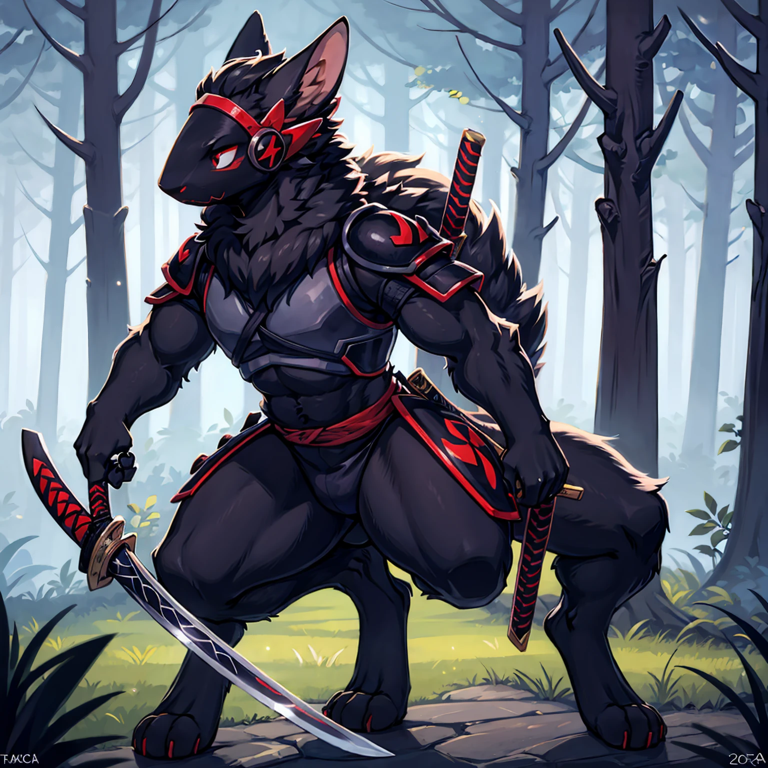 (high resolution masterpiece)), ((Best Quality)), illustration, furry, cat, animal ears, cola, Body coat, black fur, 1 chico, man, Upper part of the body, 1 Boy alone, adult *//*, Red eyes *//*, black full body samurai armor, samurai helmet, looking down right, blank expression, serious look, Holding a katana, night forest in the background
