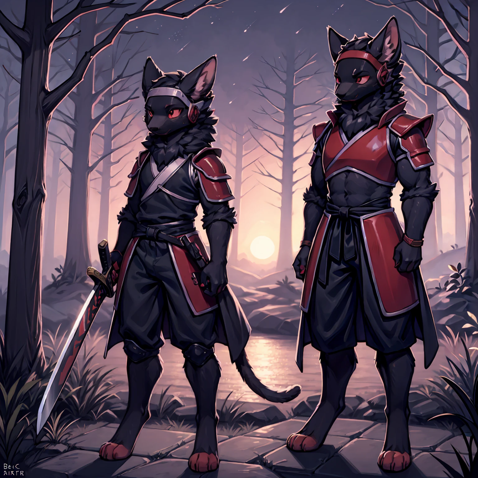 (high resolution masterpiece)), ((Best Quality)), illustration, furry, cat, animal ears, cola, Body coat, black fur, 1 chico, man, Upper part of the body, 1 Boy alone, adult *//*, Red eyes *//*, black full body samurai armor, samurai helmet, looking down right, blank expression, serious look, Holding a katana, night forest in the background