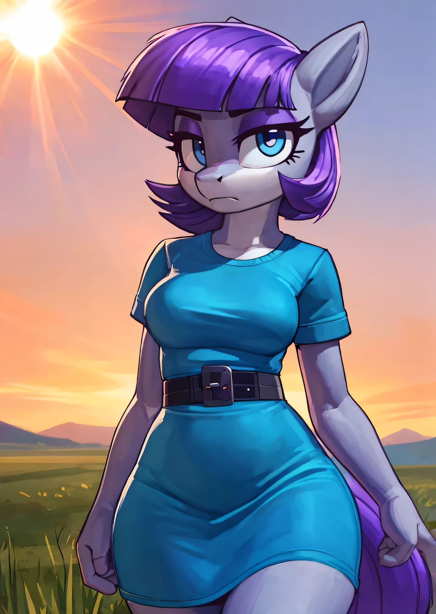 [maud pie], [Uploaded to e621.net; (Pixelsketcher), (mayosplash), (wamudraws)], [uploaded to twitter.com; (@senip)], ((masterpiece)), ((HD)), ((high res)), ((solo portrait)), ((waist up)), ((front view)), ((pony; anthro)), ((detailed fur)), ((detailed shading)), ((beautiful render art)), {anthro female; slim figure, grey fur, horse snout, long straight purple hair, straight bangs, long purple tail, cute light-blue eyes, long eyelashes, purple eyeshadow, curvy hips, thick thighs, beautiful legs, frown, relaxed expression}, {tight blue dress, short sleeves, short tight blue pencil skirt, black waist belt with silver buckle}, {looking at viewer}, [ambient lighting, grass plains, sunset, sun rays]